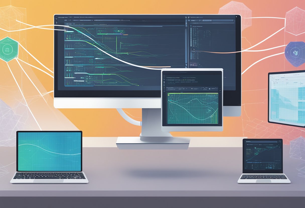 A computer screen split in half, one side showing Shadowsocks proxy, the other showing socks5 proxy. A network diagram in the background illustrates data flow